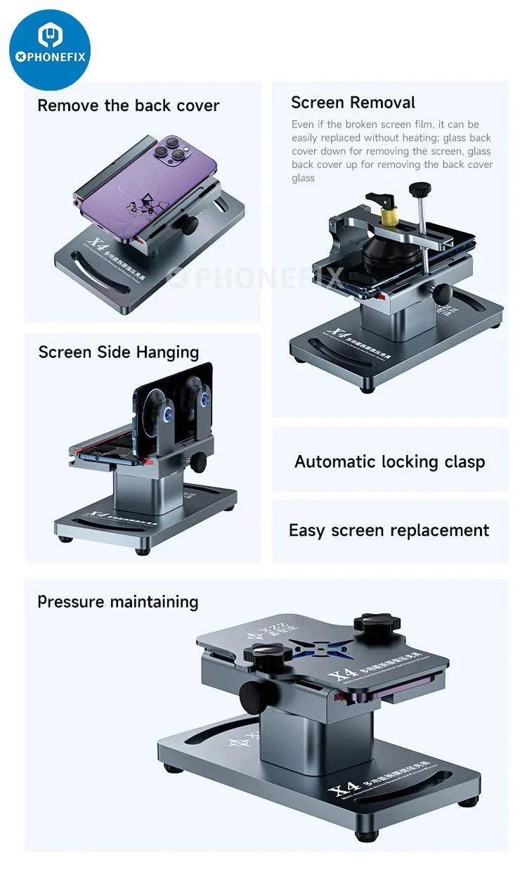 Dispositivo universal XZZ X4 para la extracción de pantallas de teléfonos, con soporte de abrazadera de presión de PHONEFIX, utilizado para abrir de forma segura la pantalla de los smartphones.