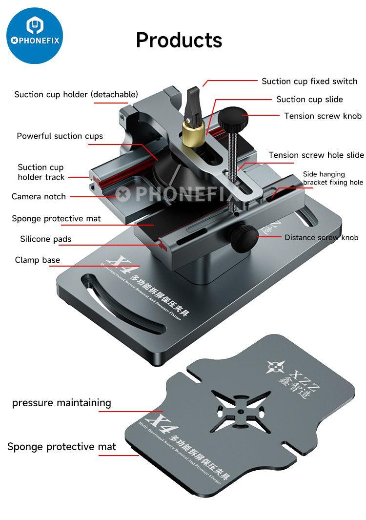 El soporte de presión universal XZZ X4 para la extracción de pantallas de teléfonos, de PHONEFIX, se utiliza para abrir pantallas de smartphones de forma segura.