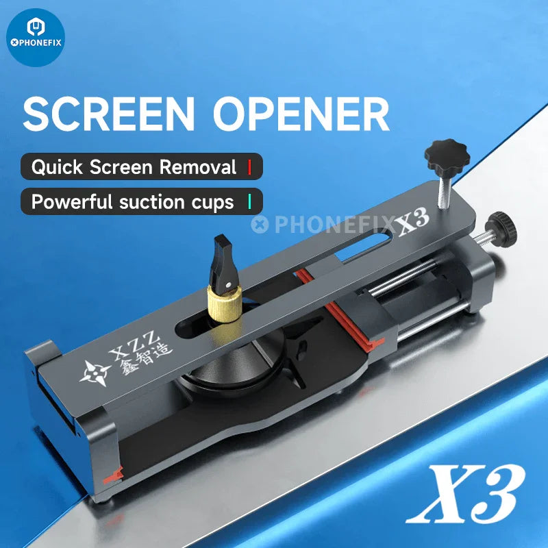 Dispositivo universal para desmontar pantallas de teléfono XZZ X4 de PHONEFIX, soporte de presión para abrir y reparar pantallas de teléfono de forma segura.