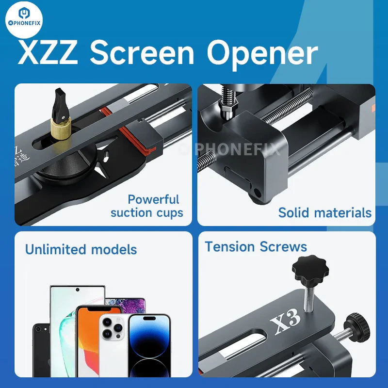 El soporte de presión universal XZZ X4 para la extracción de pantallas de teléfonos, de PHONEFIX, se utiliza para abrir pantallas de smartphones de forma segura.