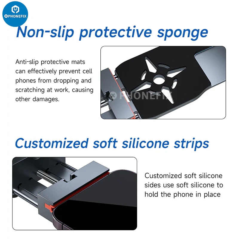 El soporte de presión para la extracción de pantallas de teléfono universal XZZ X4 de PHONEFIX muestra la abrazadera y el soporte para la reparación de pantallas de teléfono.