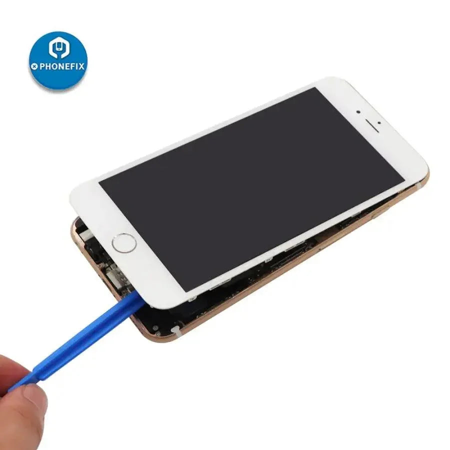 PHONEFIX 8-in-1 cell phone repair kit with spudger, pry blade, and screwdrivers for screen opening and device repair.