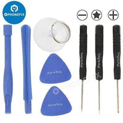 PhoneFix 8-in-1 cell phone repair kit with spudger, pry blade, and screwdrivers for screen opening and device repairs.
