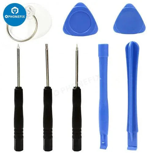PhoneFix 8-in-1 cell phone repair kit with spudger, pry blade, and screwdrivers for screen opening and device repair.