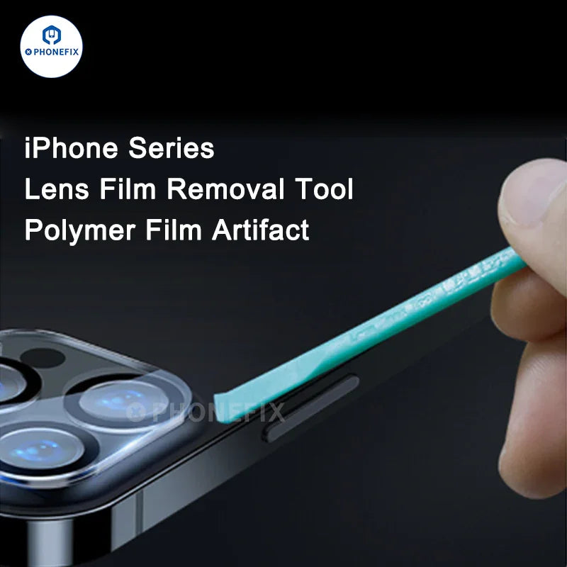 PHONEFIX crowbar pry opener tool for iPhone camera lens film removal, used for screen opening and delicate device repairs.