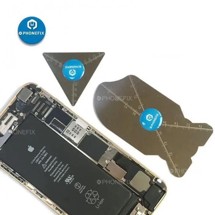 Two ultra-thin 0.1mm flexible pry spudger tools from PHONEFIX for phone disassembly and screen opening.