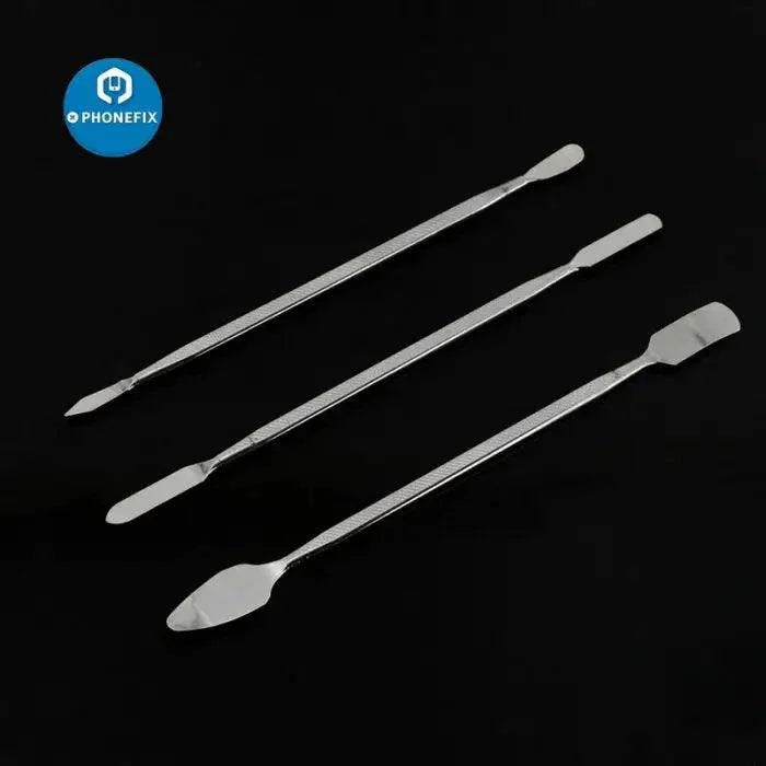 Set of three metal spudger pry tools for phone disassembly and screen opening by PHONEFIX, ideal for electronic device repairs.