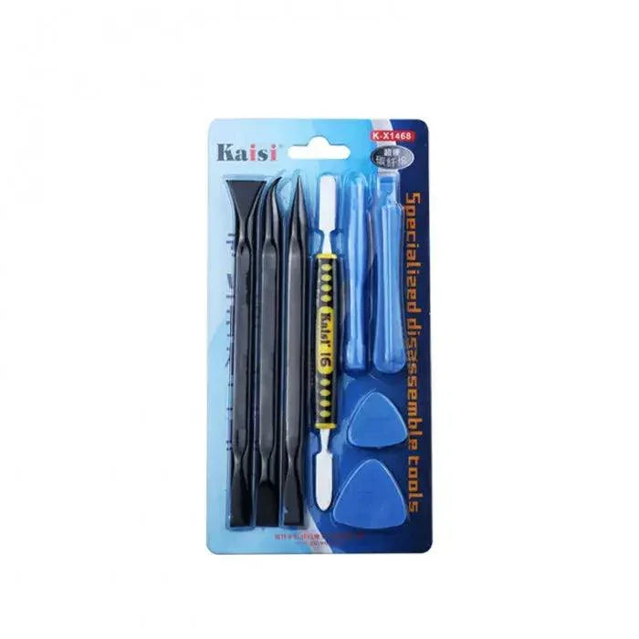 Set of 8 PHONEFIX screen opening tools for iPhone repair, including pry tools and spudgers, used for device screen replacement.