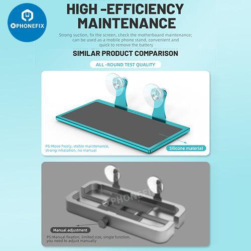 PHONEFIX TL-15B universal phone and tablet screen fixture holder for screen repair, showing tool in use on device screen.