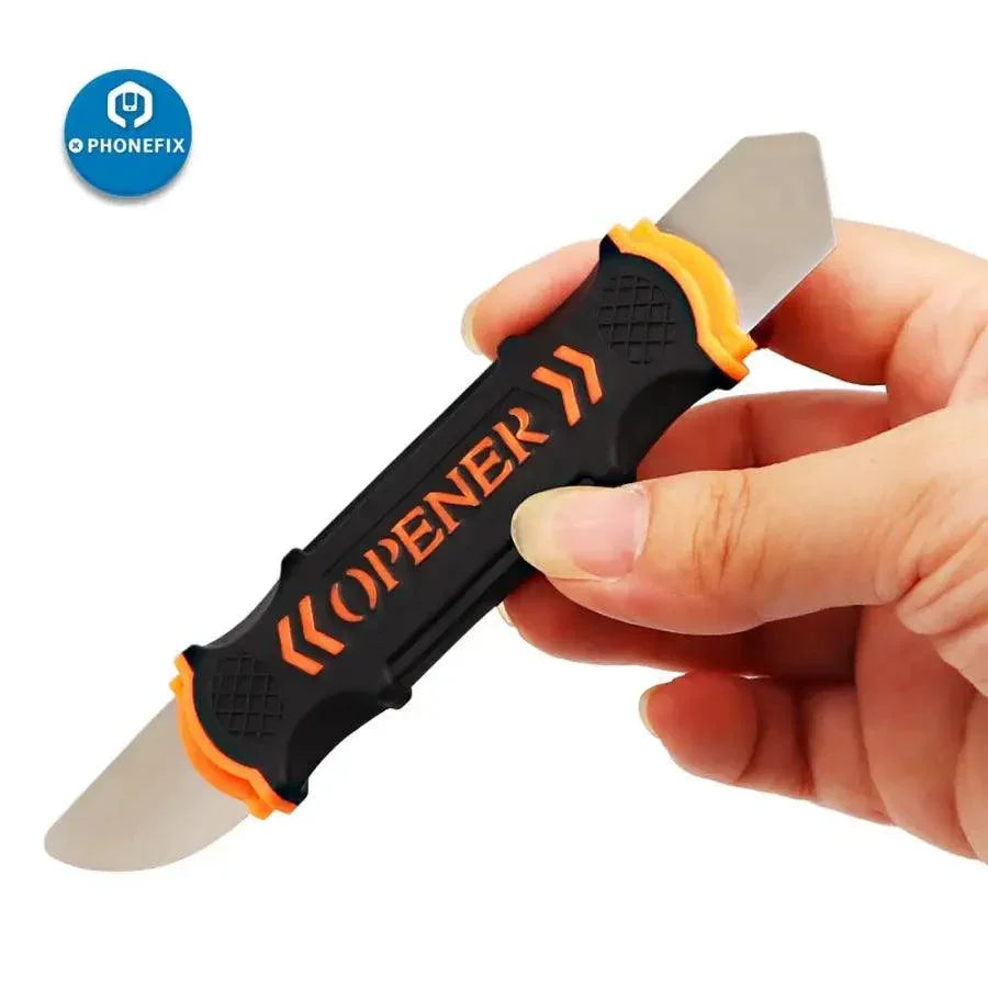 PhoneFix metal pry blade opener for LCD screens, used for teardown, disassembly, and repair of mobile device screens.