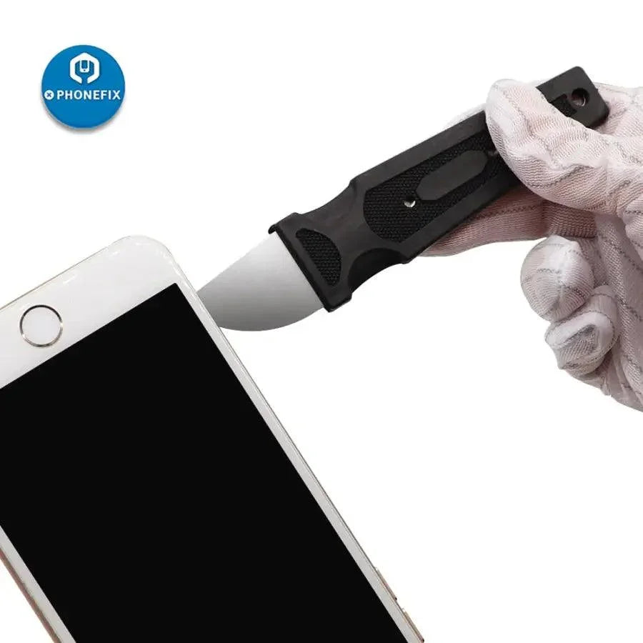 PhoneFix metal pry blade opener for LCD screens, used for disassembling and repairing smartphone screens with precision.