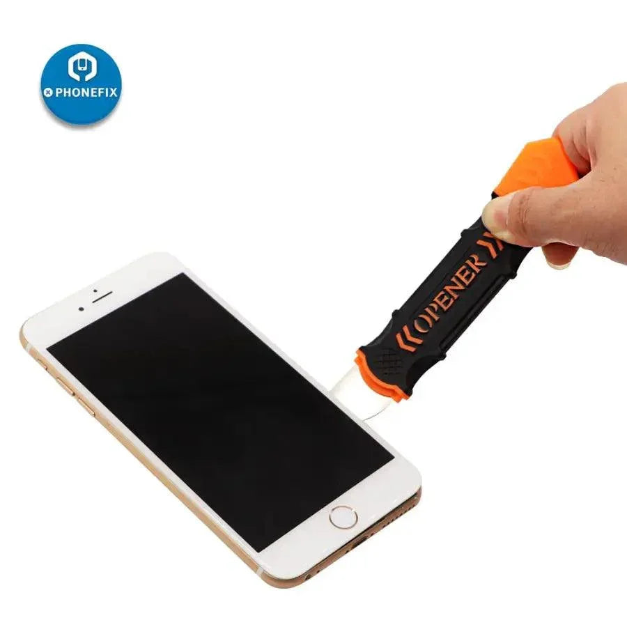 PhoneFix metal pry blade opener for LCD screens, used for disassembling and repairing smartphone screens with precision.