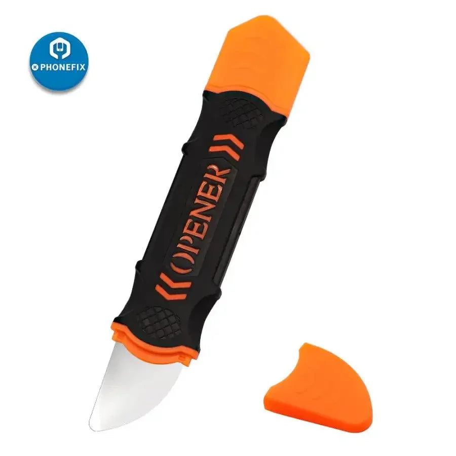 PhoneFix metal pry blade opener for LCD screens, used in teardown, disassembly, and repair of mobile device screens.