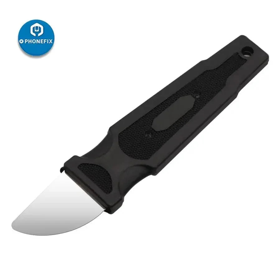 PhoneFix metal pry blade opener for LCD screens, used for teardown, disassembly, and repair of smartphone screens.