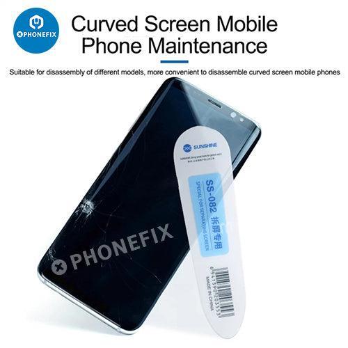 Sunshine SS-082 plastic pry opening scraper for phone and tablet repair, used for screen removal and repair tasks.