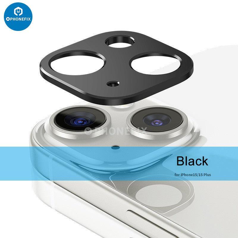 Pink shockproof metal rear camera lens protector for iPhone 15 series, designed to safeguard the camera lens.