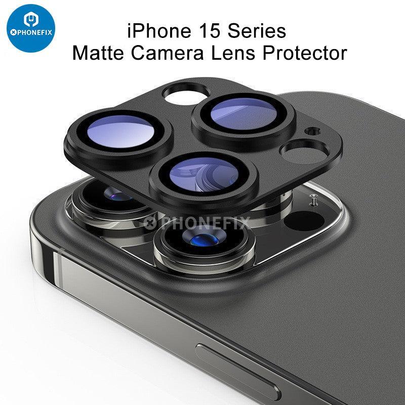 PhoneFix shockproof metal rear camera lens protector for iPhone 15 series, pink screen protector film covering camera lenses.
