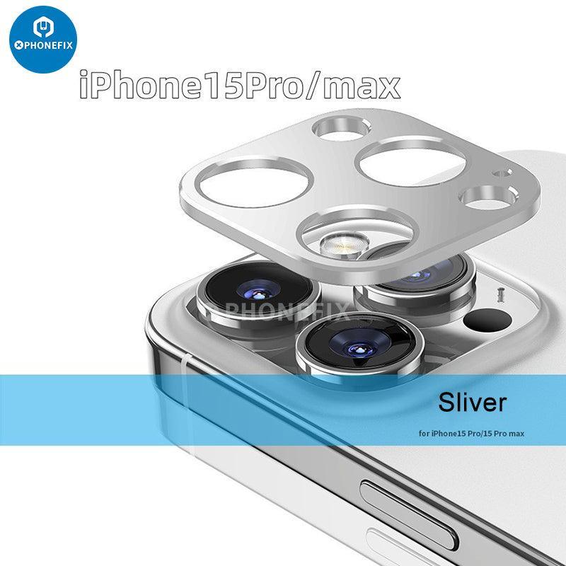 Pink shockproof metal rear camera lens protector for iPhone 15 series, designed to shield the rear camera from scratches and impacts.