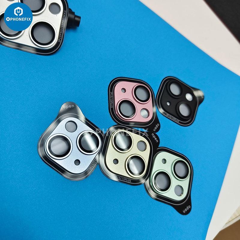 Pink shockproof metal rear camera lens protector for iPhone 15 series, designed to safeguard the camera lens.