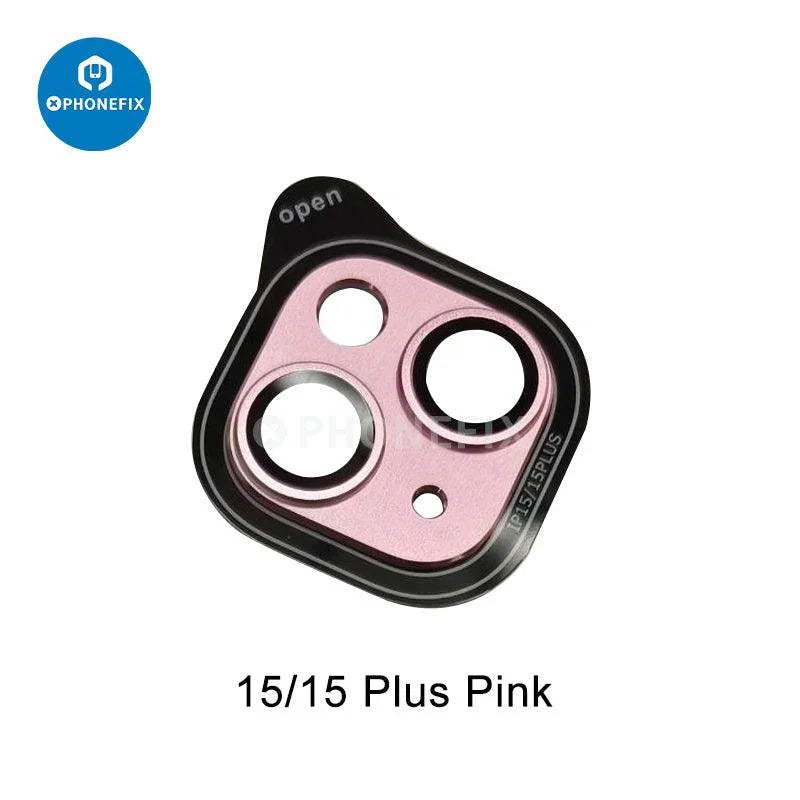 Pink shockproof metal rear camera lens protector for iPhone 15 series, designed to shield the camera lens from scratches and impacts.