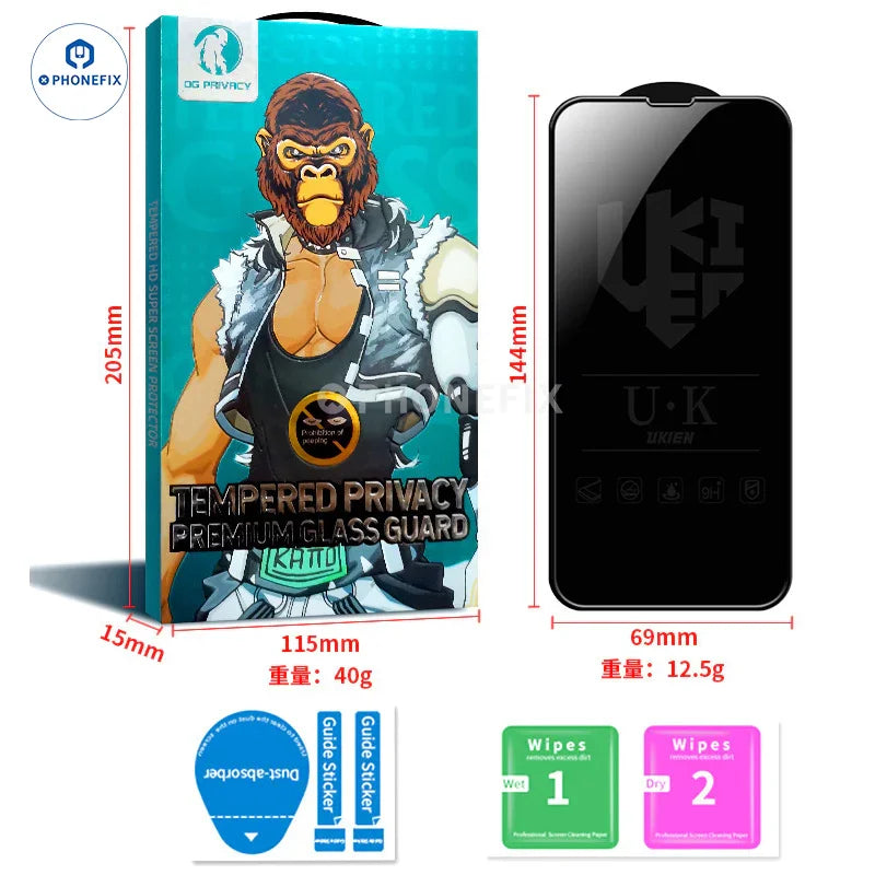 PHONEFIX HD anti-peep tempered glass screen protector film for iPhone 16 Pro Max, showing clear, durable protective cover on phone screen.