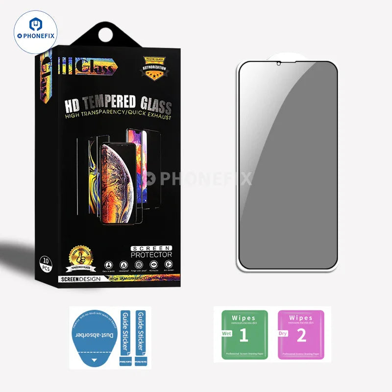 PHONEFIX HD anti-peep tempered glass screen protector for iPhone 16 Pro Max, providing privacy and protection for the display.