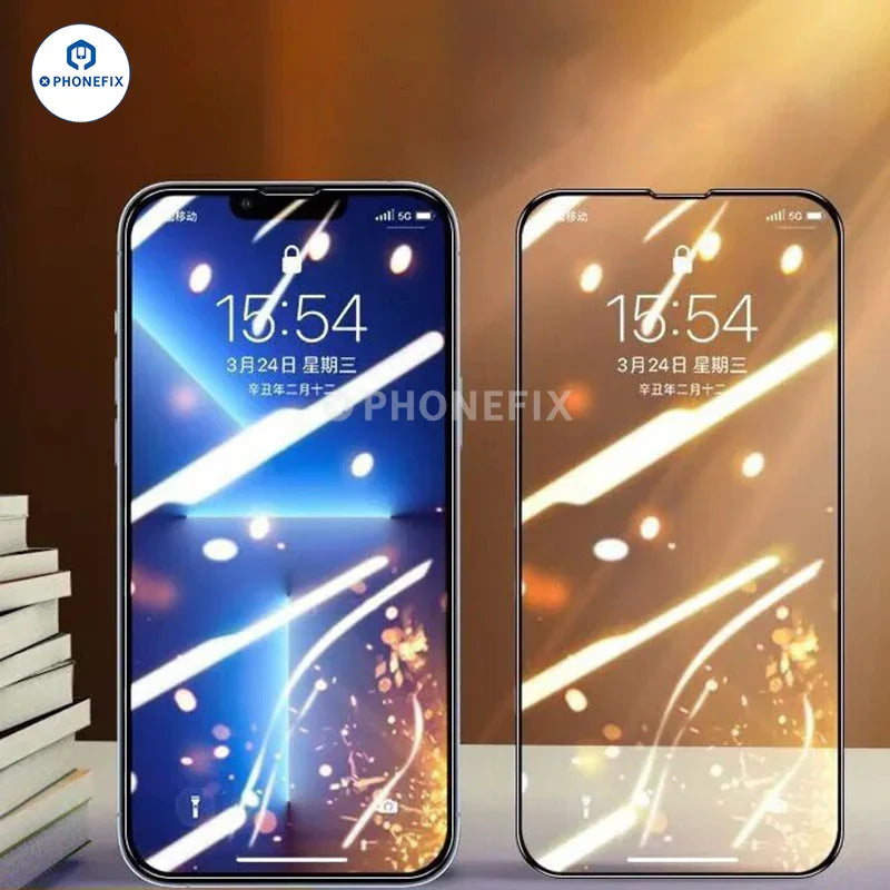 Protection d'écran en verre trempé anti-explosion PhoneFIX pour iPhone 15/16 Pro Max, montrant un film protecteur transparent et durable sur l'appareil.