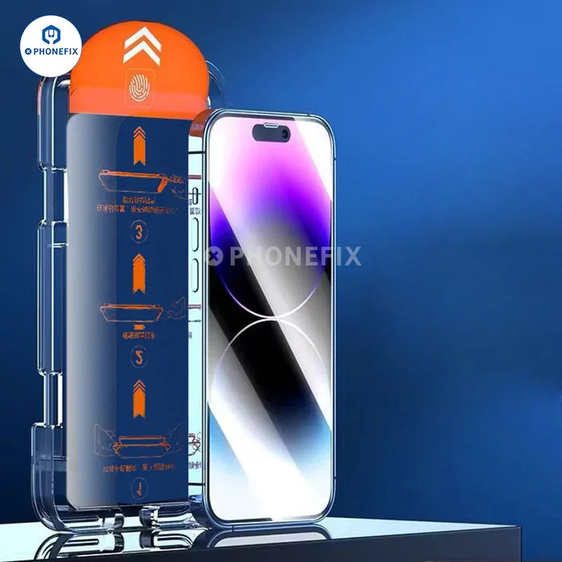 Protection d'écran en verre trempé anti-explosion PhoneFIX pour iPhone 15/16 Pro Max, montrant un film protecteur transparent et durable sur l'appareil.