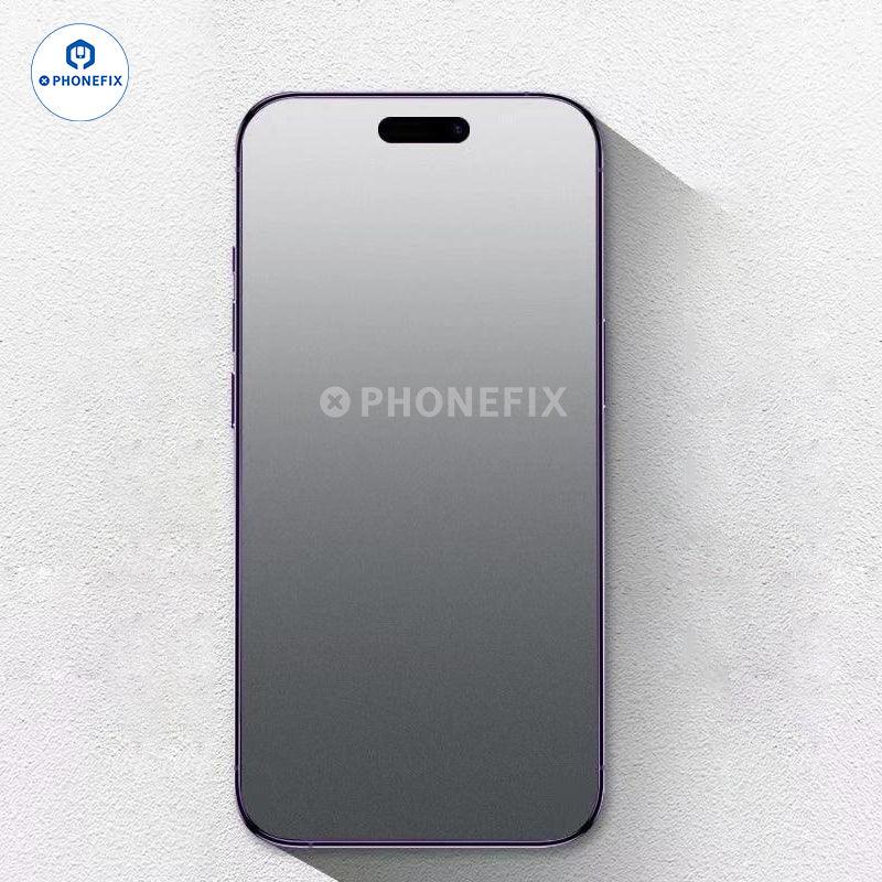Protection d'écran en verre trempé anti-explosion PHONEFIX pour iPhone 15/16 Pro Max, présentant un film transparent et durable sur l'écran de l'appareil.