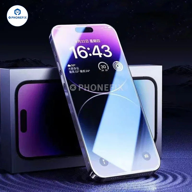 Protection d'écran en verre trempé anti-explosion PHONEFIX pour iPhone 15/16 Pro Max, film durable et résistant aux chocs.