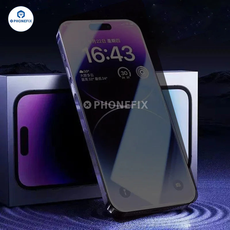 Protection d'écran en verre trempé anti-explosion PHONEFIX pour iPhone 15/16 Pro Max, présentant un film protecteur transparent et durable sur l'écran du téléphone.
