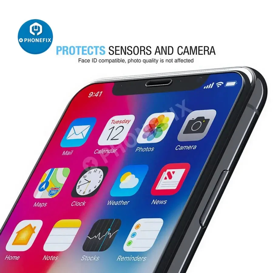 PhoneFix full-cover tempered glass screen protector for iPhone 7 to iPhone 18 Pro Max, clear protective film covering the screen.
