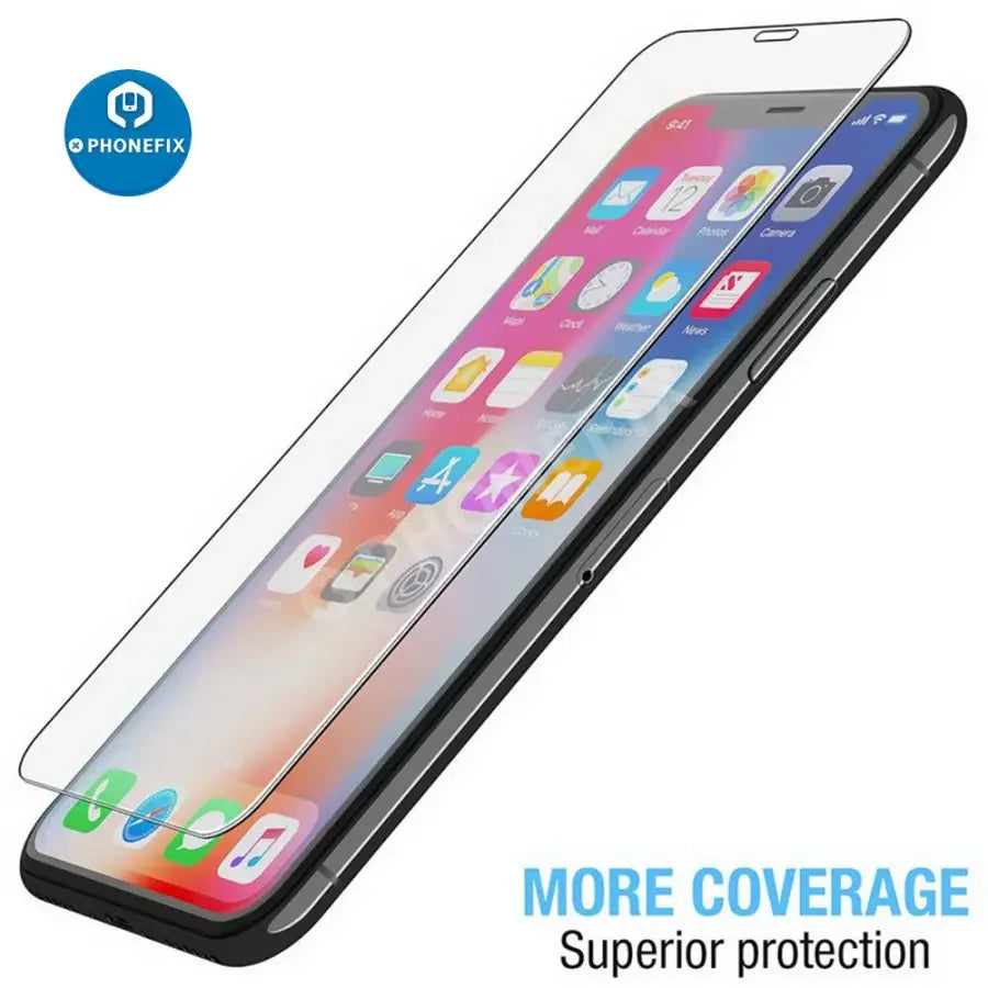 PHONEFIX full cover tempered glass screen protector for iPhone 7 to 18 Pro Max, providing durable screen protection.