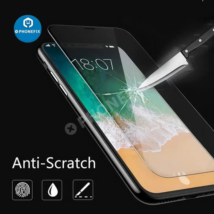 PHONEFIX iPhone 7-18 Pro Max full cover tempered glass screen protector film showing front view and edge coverage.