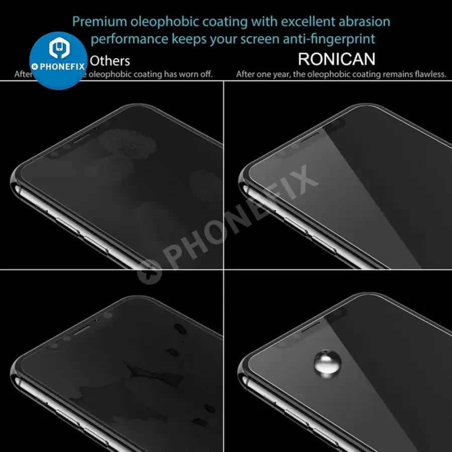PHONEFIX full cover tempered glass screen protector for iPhone 7 to iPhone 15 Pro Max, showing clear, durable protective film on device screen.