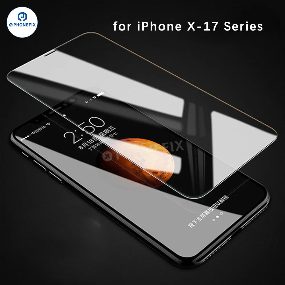 PHONEFIX full cover tempered glass screen protector for iPhone 7-18 Pro Max, clear protective film covering the device screen.