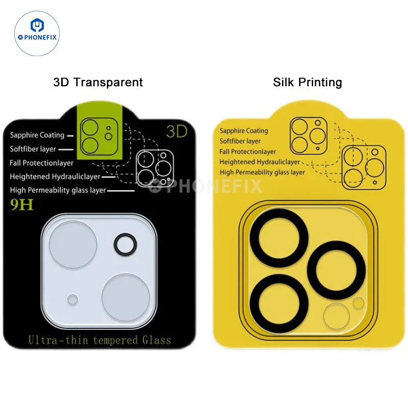 PHONEFIX 3D HD tempered glass camera lens film and screen protector for iPhone 11 to 15 Pro Max, transparent and durable.
