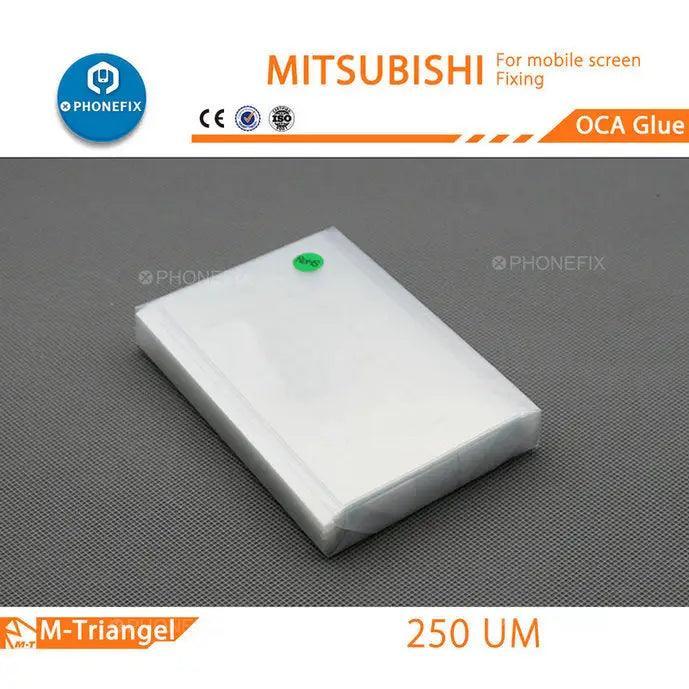 Mitsubishi 50pcs OCA film glue adhesion tape for phone screen repair by PHONEFIX, showing clear adhesive strips on a white background.