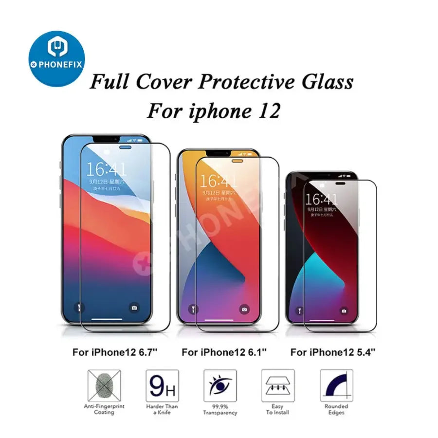 PhoneFIX 3D full cover tempered glass screen protector film for iPhone 14 Pro and 15 Pro Max, black, provides edge-to-edge protection.