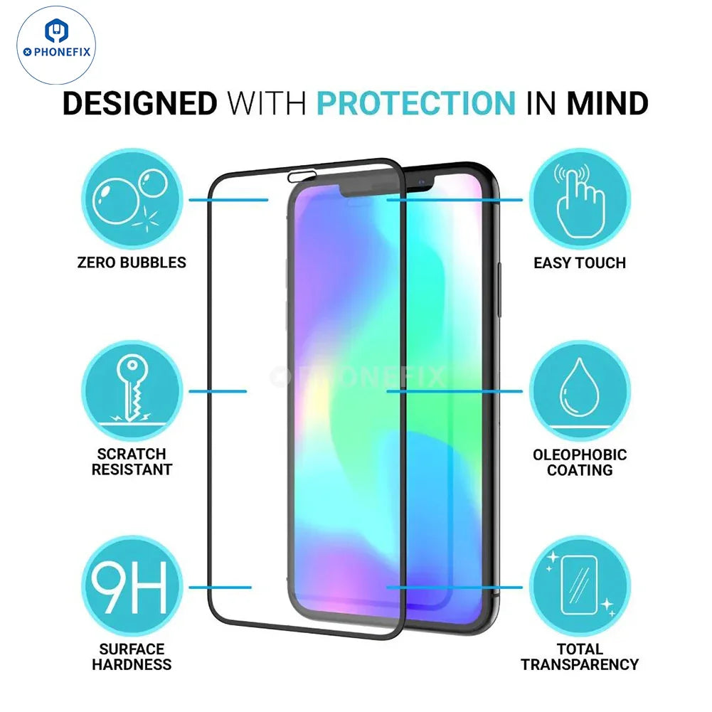 PHONEFIX 9D curved full cover tempered glass iPhone screen protector film showing front view with precise edges and clarity