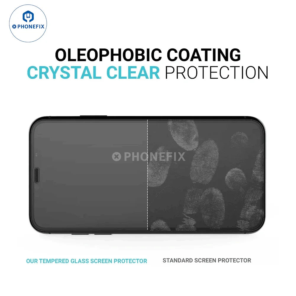 PHONEFIX 9D curved full cover tempered glass iPhone screen protector film showing a clear, durable protective film on an iPhone screen.