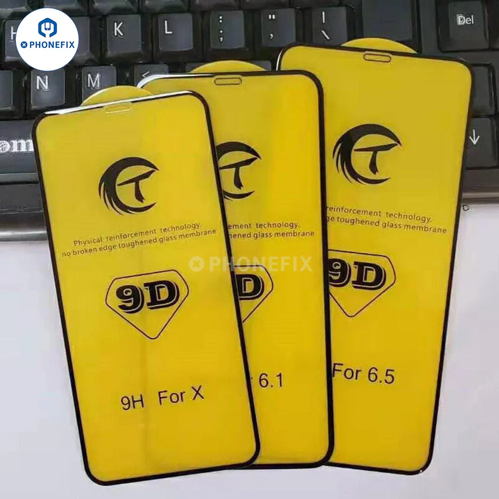 PHONEFIX 9D curved full cover tempered glass screen protector for iPhone, showcasing edge-to-edge protection and clear display.