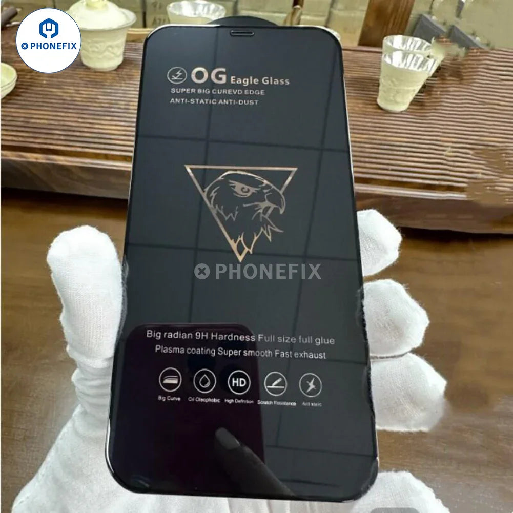 PHONEFIX 9D curved full cover tempered glass iPhone screen protector film showing edge-to-edge coverage on a smartphone screen