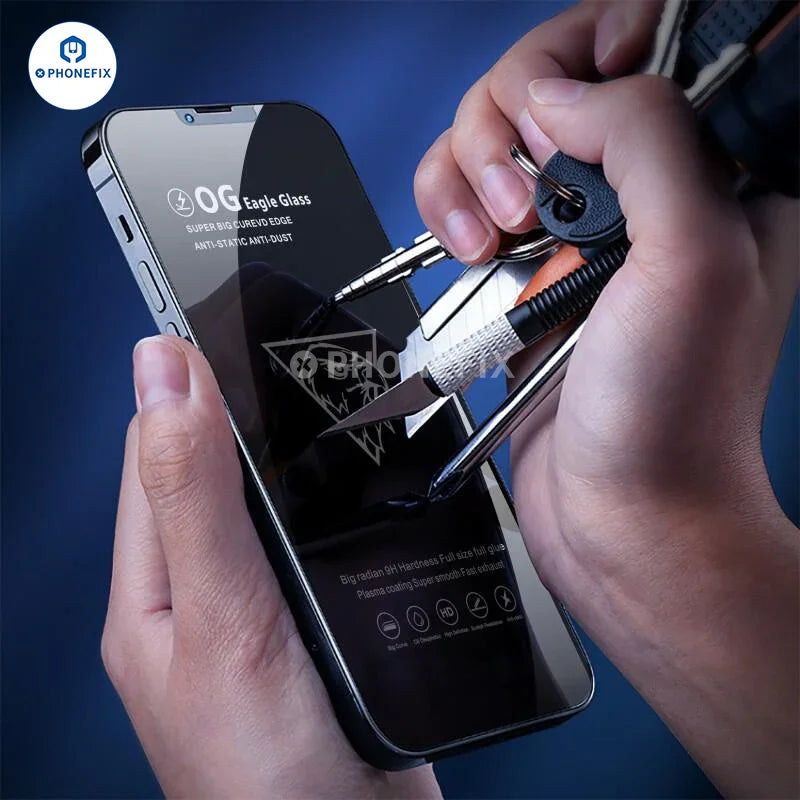 PHONEFIX 9D curved full cover tempered glass screen protector for iPhone, showing edge-to-edge protection and clear display.