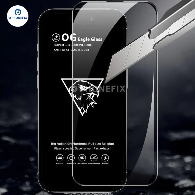 PhoneFix 9D curved full cover tempered glass iPhone screen protector film showcasing a clear, edge-to-edge protective design.