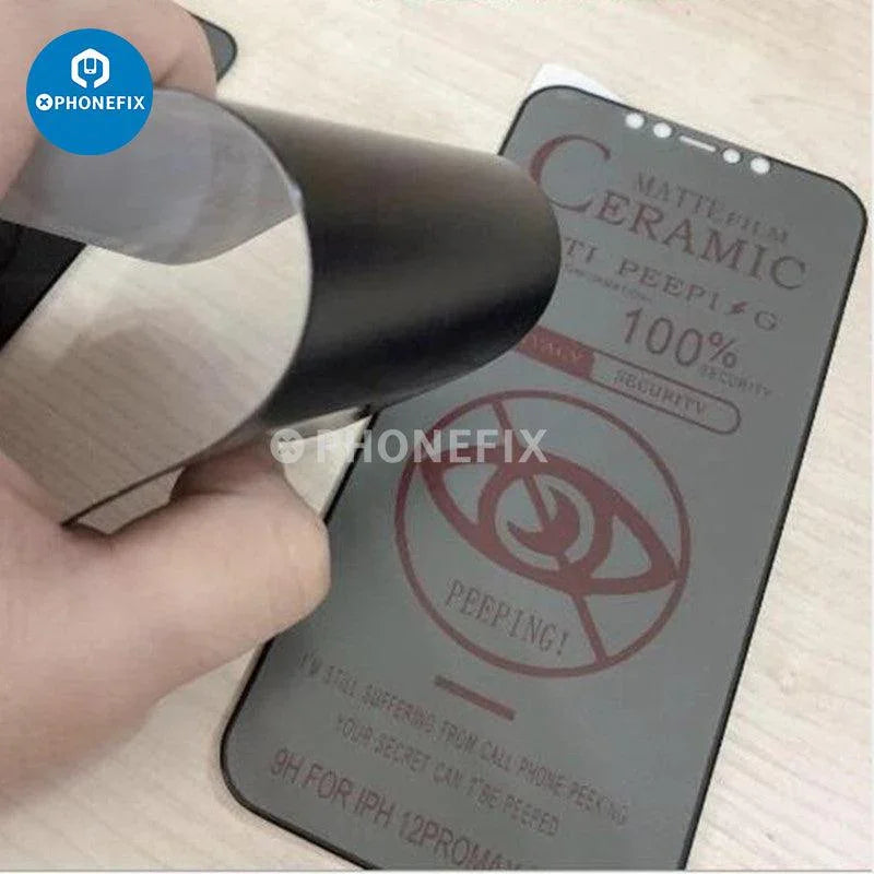 PhoneFIX 9D soft ceramic film screen protector for iPhone X to 17 Pro Max, showing clear, durable glass coverage on an iPhone screen.