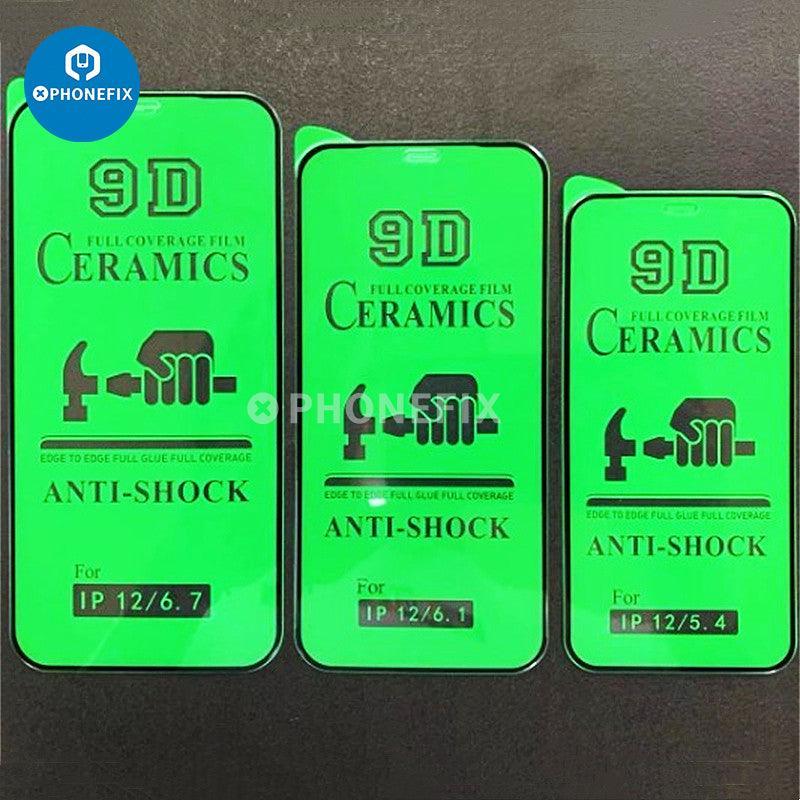 PHONEFIX 9D soft ceramic film screen protector for iPhone X to 17 Pro Max, showing clear, smooth protective surface on a smartphone.