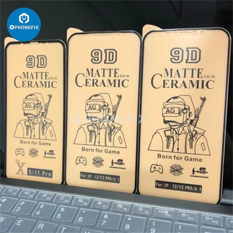 PHONEFIX 9D soft ceramic film screen protector for iPhone X to 17 Pro Max, clear HD protection, three-pack shown on device.