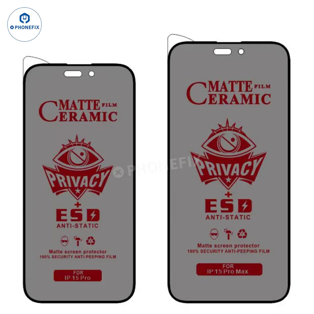 PHONEFIX 9D soft ceramic film screen protector for iPhone X to 17 Pro Max, showing a clear, smooth protective layer on a smartphone screen.