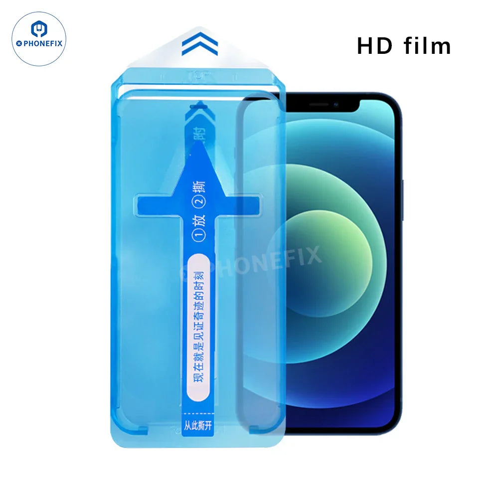 HD image of PHONEFIX iPhone screen protector tempered glass auto-alignment kit with film for easy, precise installation.